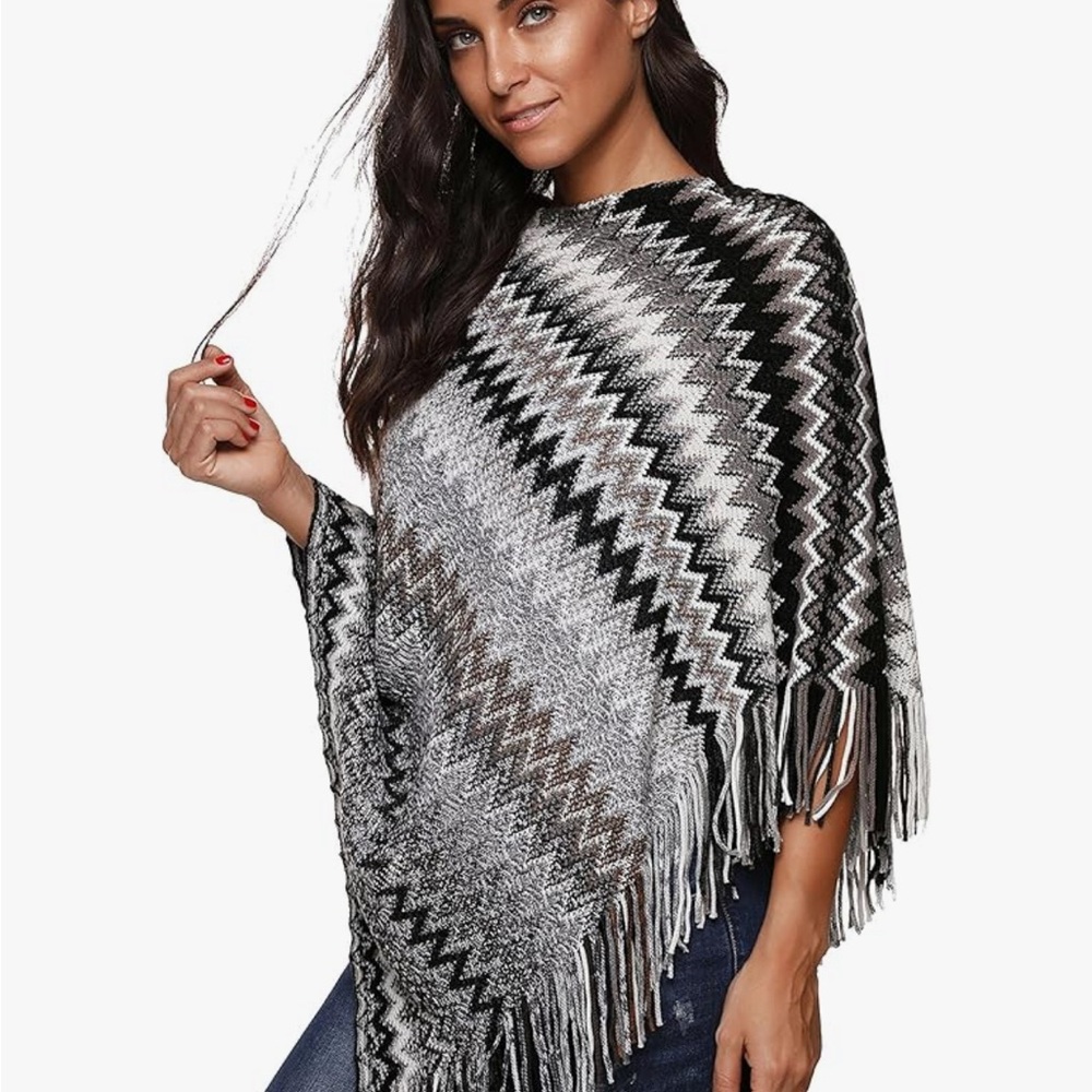 Amazon Black beige and Gray Zigzag Poncho